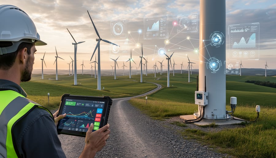 Engineer monitoring wind turbine performance data on digital tablet in control room