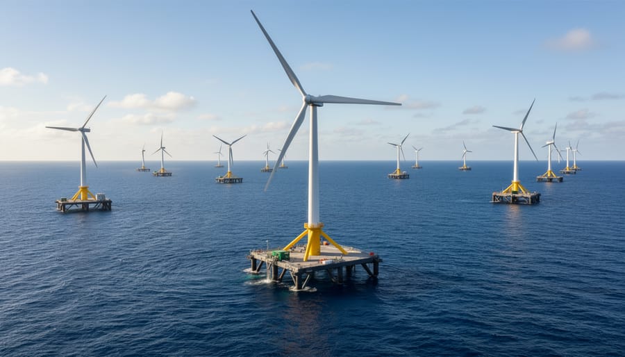 Large offshore wind turbine mounted on floating platform in deep ocean water