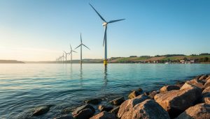 Low-angle wide shot of floating offshore wind turbines on calm freshwater at golden hour, rocky shoreline in the foreground, and a softly blurred distant coastline with farmland and a small lakeside town