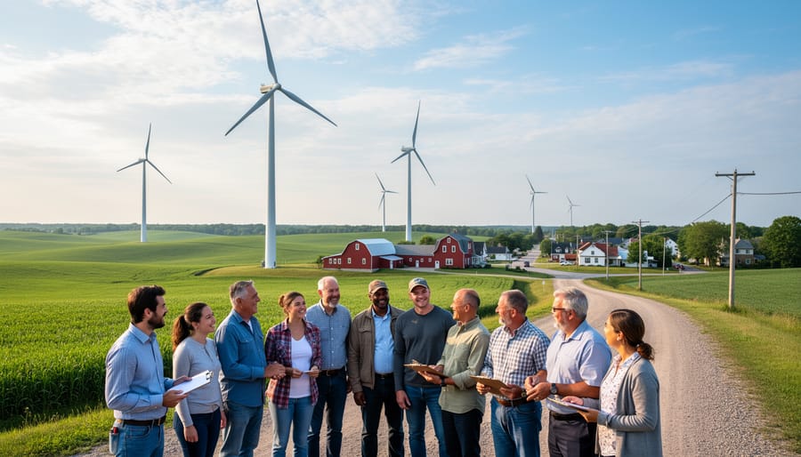 Small Ontario community with wind turbines on hills in background