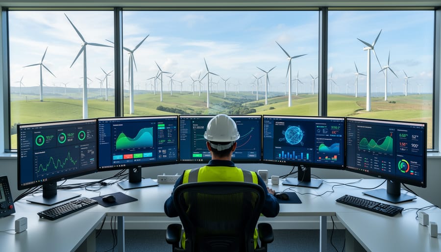 Wind farm technician using monitoring equipment on a turbine platform as turbines spin in the background