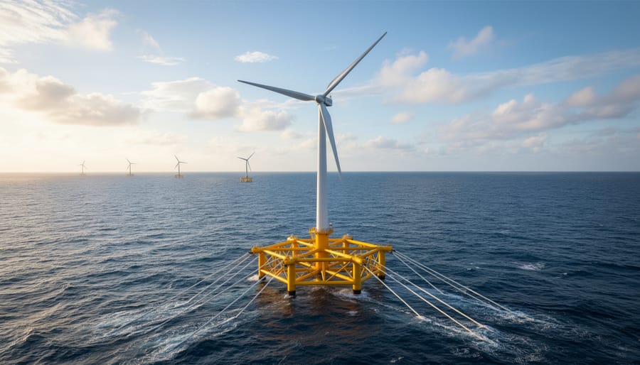 Floating wind turbine platform offshore with mooring lines visible beneath the tower