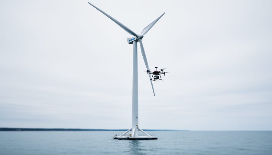 Modern wind turbine near the Ontario shoreline with a nearby inspection drone and a floating offshore platform structure in the background.