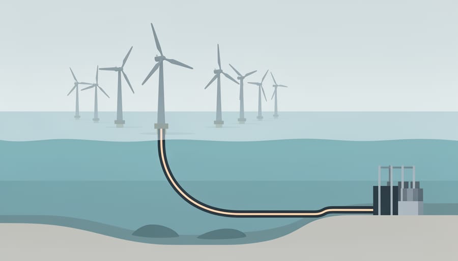 Subsea power cable on a rocky seabed with protective conduits extending into deep water