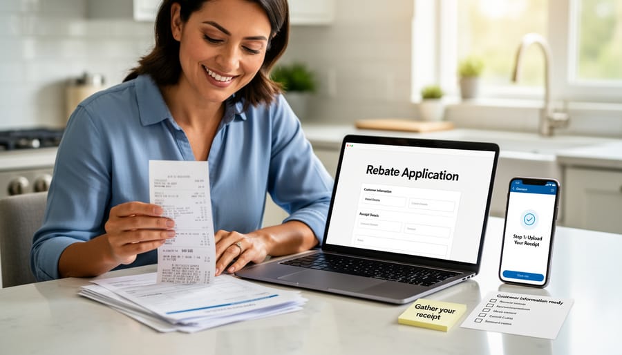 Hands organizing an appliance purchase receipt and paperwork on a kitchen table with a smartphone nearby