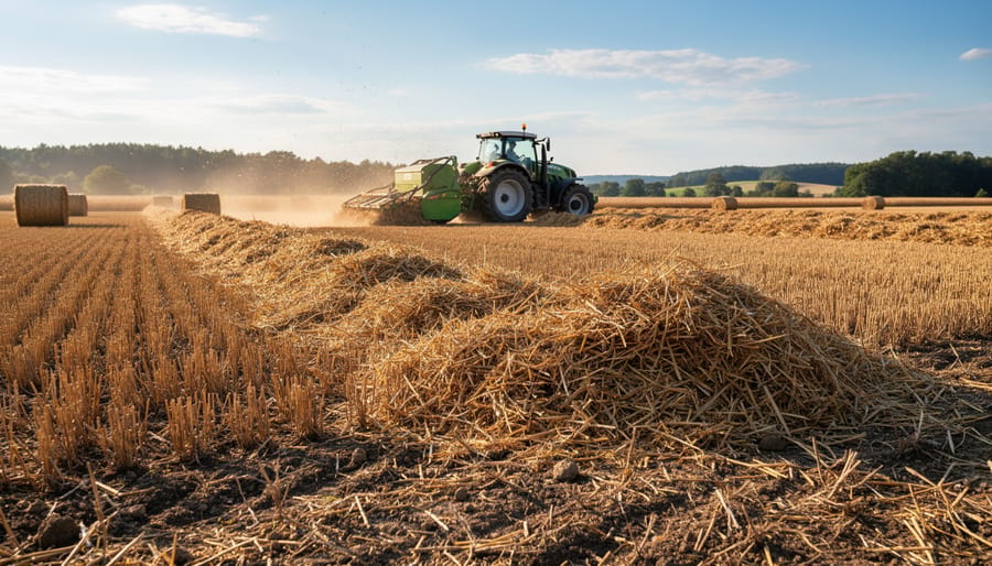 Harvested farm field showing dried crop residue and straw on soil at golden hour