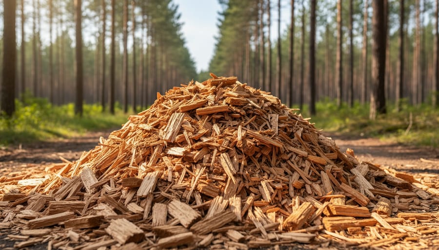 High-visibility worker standing beside a pile of freshly cut wood chips in a forest loading area