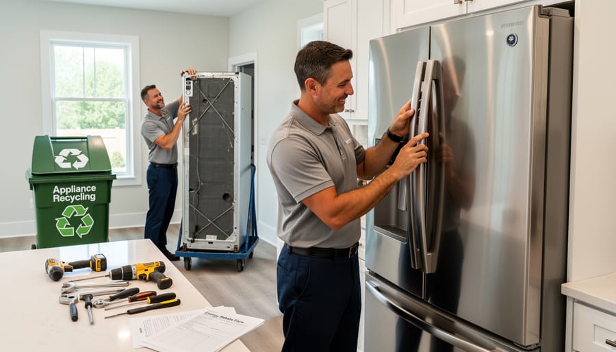 Installer installing a new energy-efficient laundry appliance while an old appliance is prepared for removal in a garage