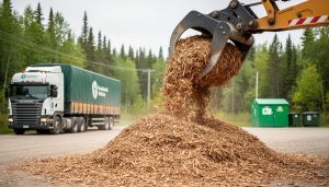Wood chips and organic biomass feedstock loaded from a forestry landing in Ontario under an overcast sky, with transport vehicles nearby.