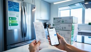 Close-up of a receipt in a homeowner’s hand beside an energy-efficient refrigerator in a bright kitchen, representing applying for an ENERGY STAR appliance rebate in Ontario.