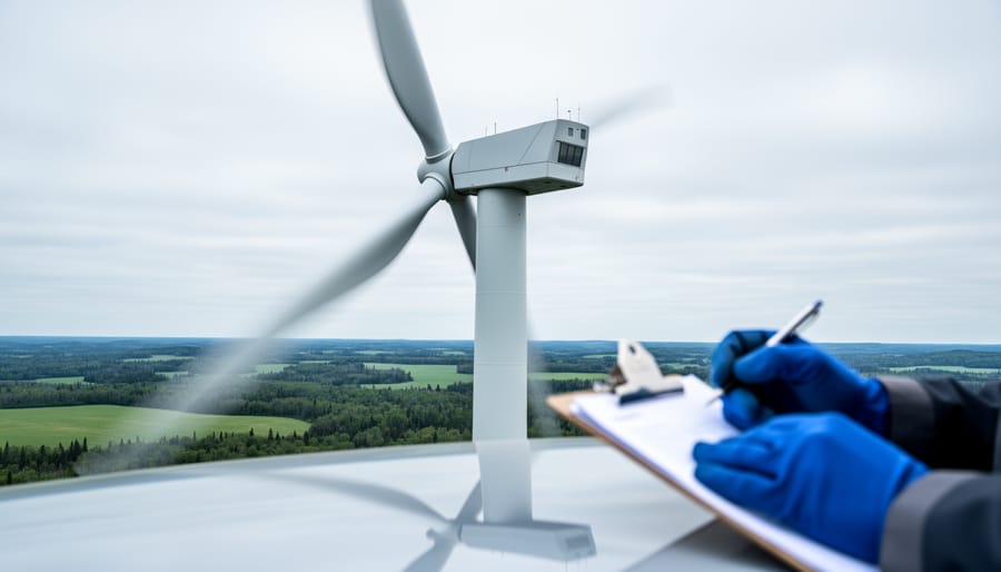 Wind turbine on an Ontario landscape with blurred researcher field notes in the foreground, suggesting the role of academic research in clean power development.