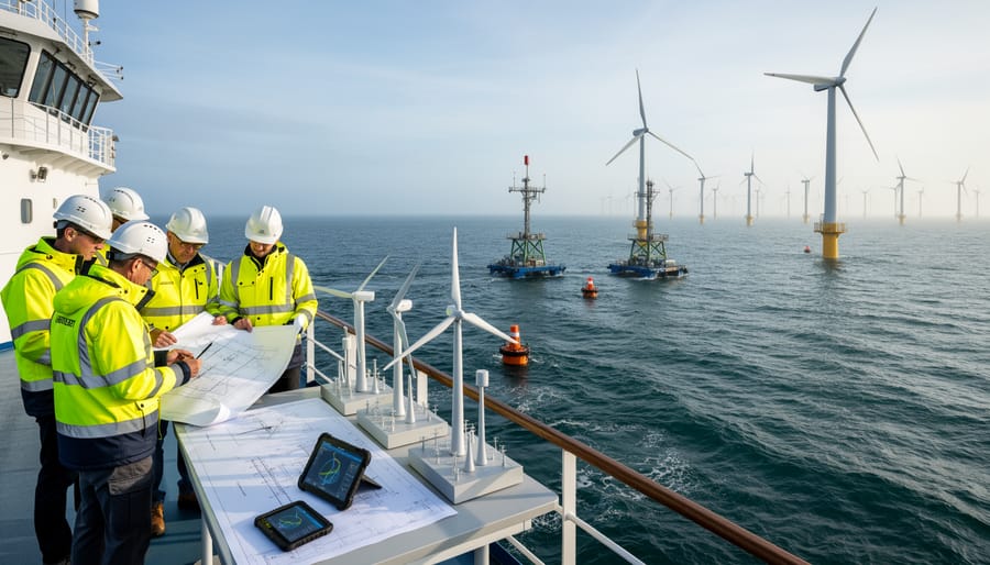 Service vessel near offshore wind turbines with ocean waves and turbine silhouettes in the distance