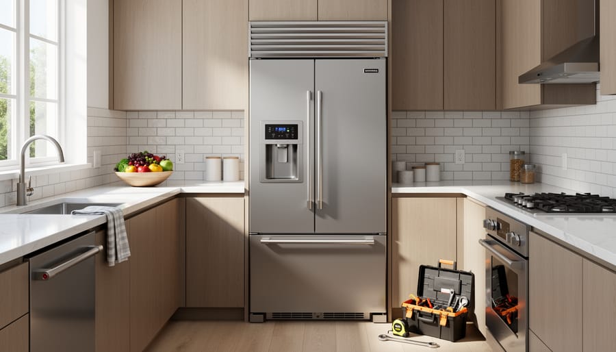 Stainless steel energy-efficient refrigerator and dishwasher in a bright home kitchen