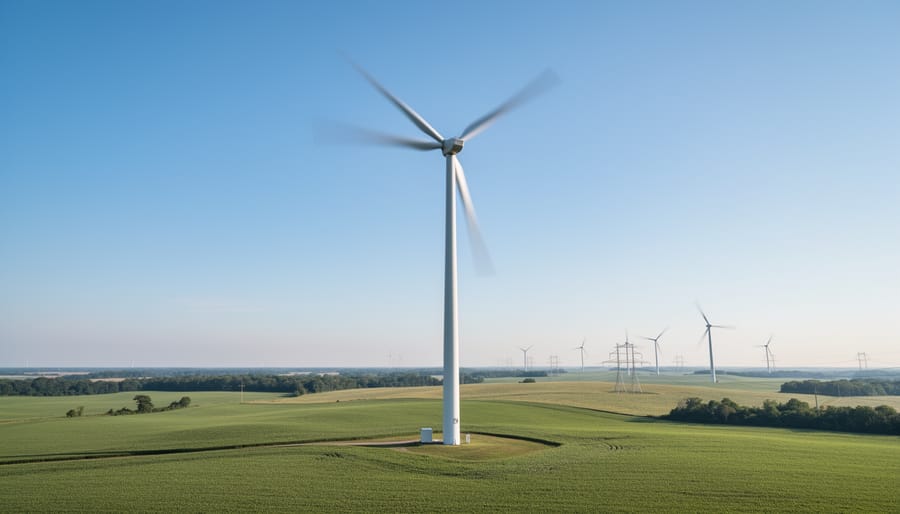 Wind turbine spinning on a rural horizon under a clear sky