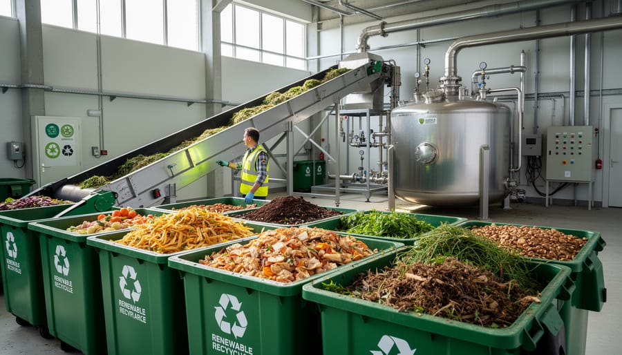 Workers beside sealed green organic waste bins and a municipal collection truck in a loading bay
