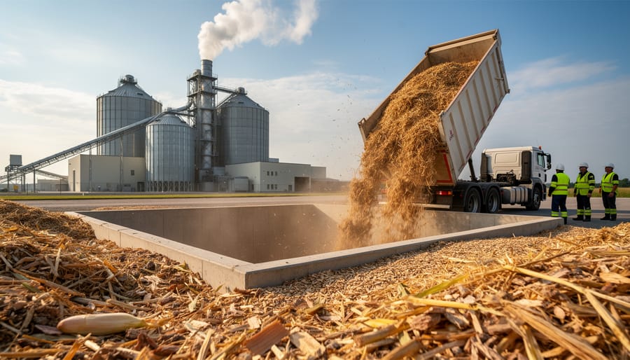 Workers unloading agricultural biomass feedstock into a biomass facility.