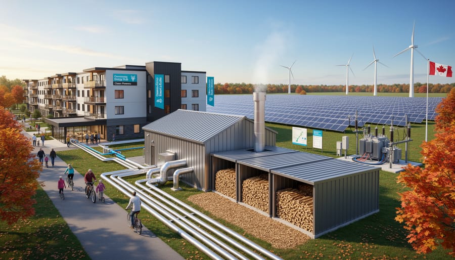 A community district energy building with nearby biomass storage in an Ontario setting.