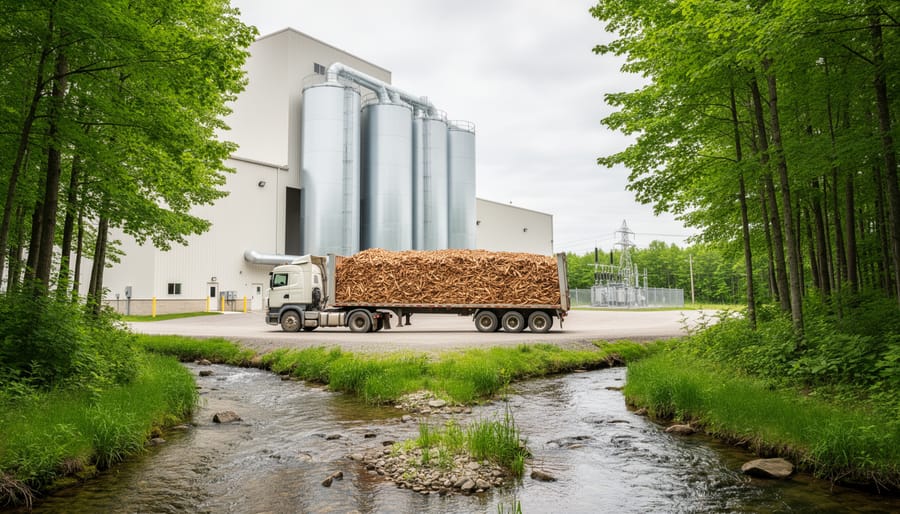 “Ontario biomass facility with wood-chip delivery truck in front of a managed forest edge under overcast daylight.”