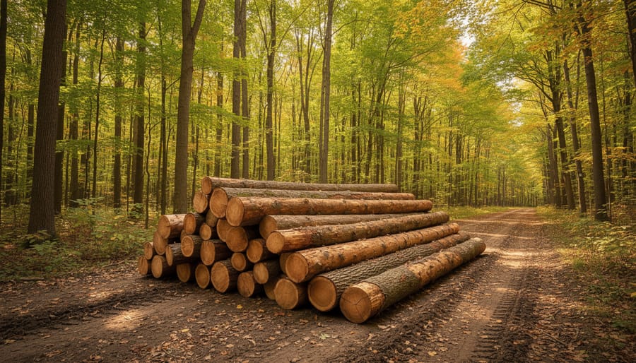 Wood logs and forest trees at the edge of a managed hardwood forest in Ontario.