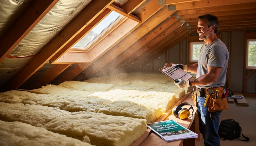 Close-up of insulation materials with a technician’s gloved hands holding an insulation panel in an attic