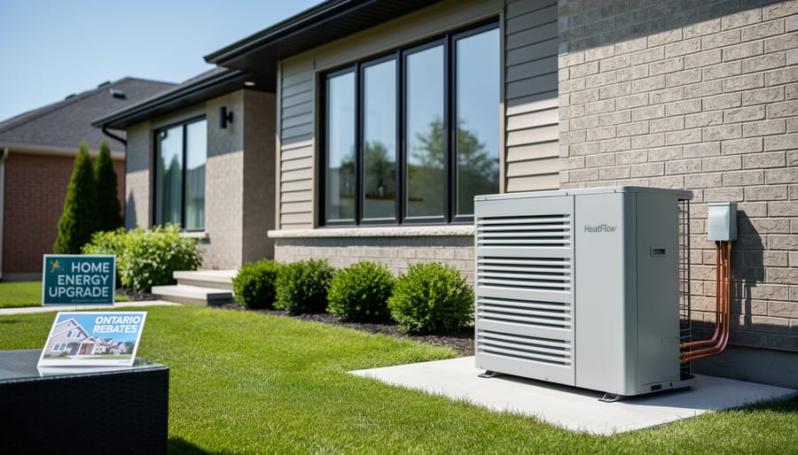 Exterior heat pump unit installed next to a residential home siding