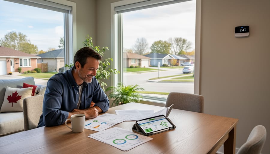 Homeowner reviewing an energy upgrade checklist beside a smart thermostat in a living room