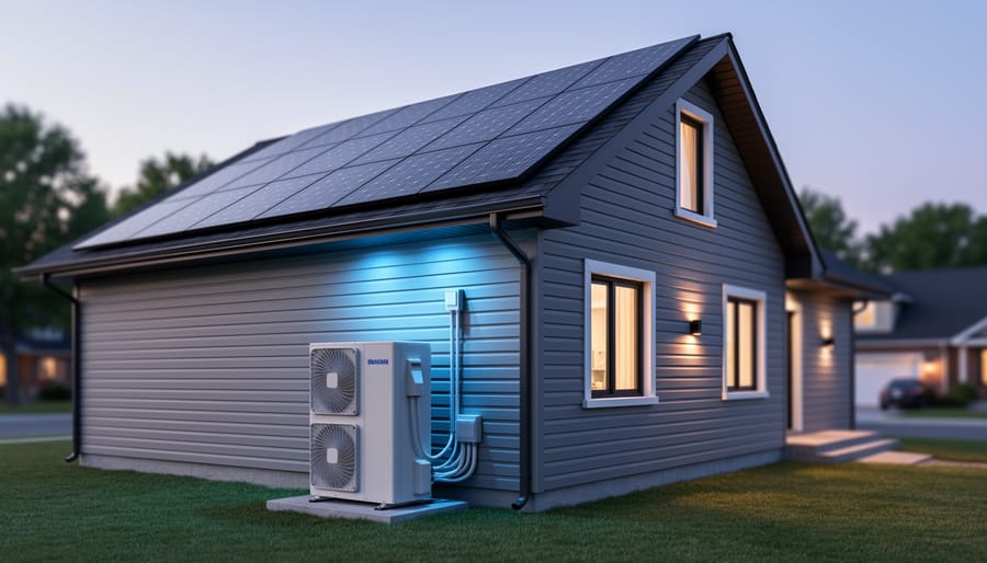Modern Ontario home exterior featuring rooftop solar panels and a visible heat pump near the side of the house.