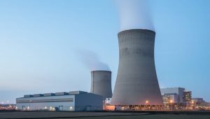Modern nuclear power plant with a cooling tower emitting steam under a cloudy sky, photographed in a calm, reliable energy theme.